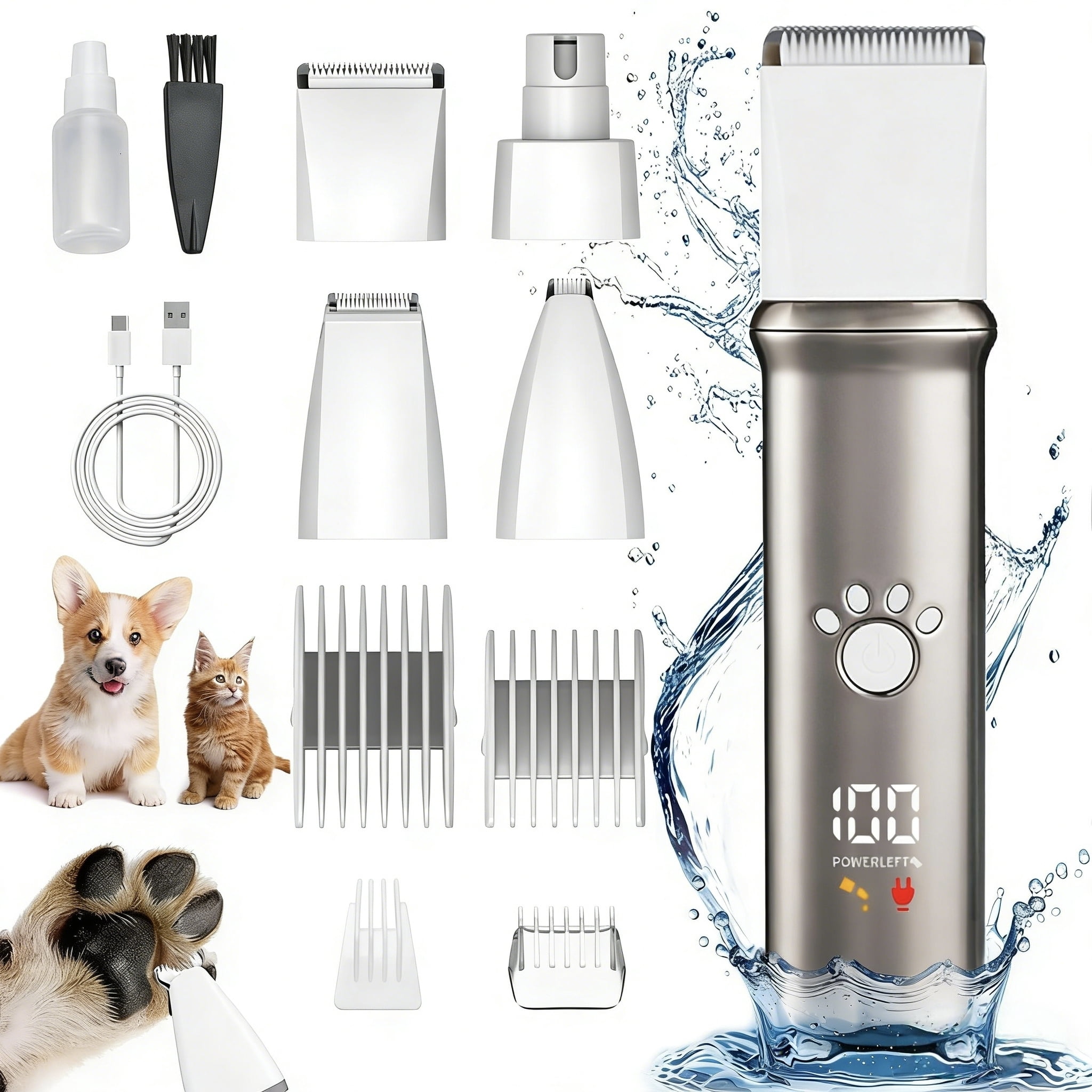 Skdwakiz Dog Grooming Clippers Kit - 4 in 1 Pet Shaver with 4 Comb Guides, IPX4 Waterproof Pet Hair Trimmer with LED Display/Fast Charge/Low Noise for Dogs and Cats