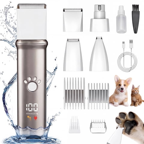 Skdwakiz Dog Grooming Clippers Kit - 4 in 1 Pet Shaver with 4 Comb Guides, IPX4 Waterproof Pet Hair Trimmer with LED Display/Fast Charge/Low Noise for Dogs and Cats