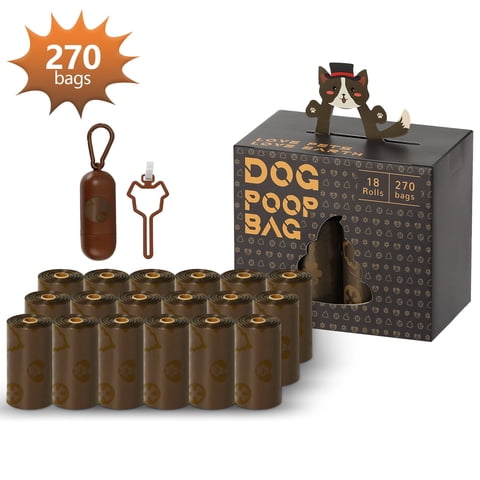 Skdwakiz Dog Poop Bags with Dispenser & Hanging Hoder - 18 Rolls 270 Counts, Extra Thick Leak-Proof Waste Bags with Coffee Scent for Dog and Cat, Brown