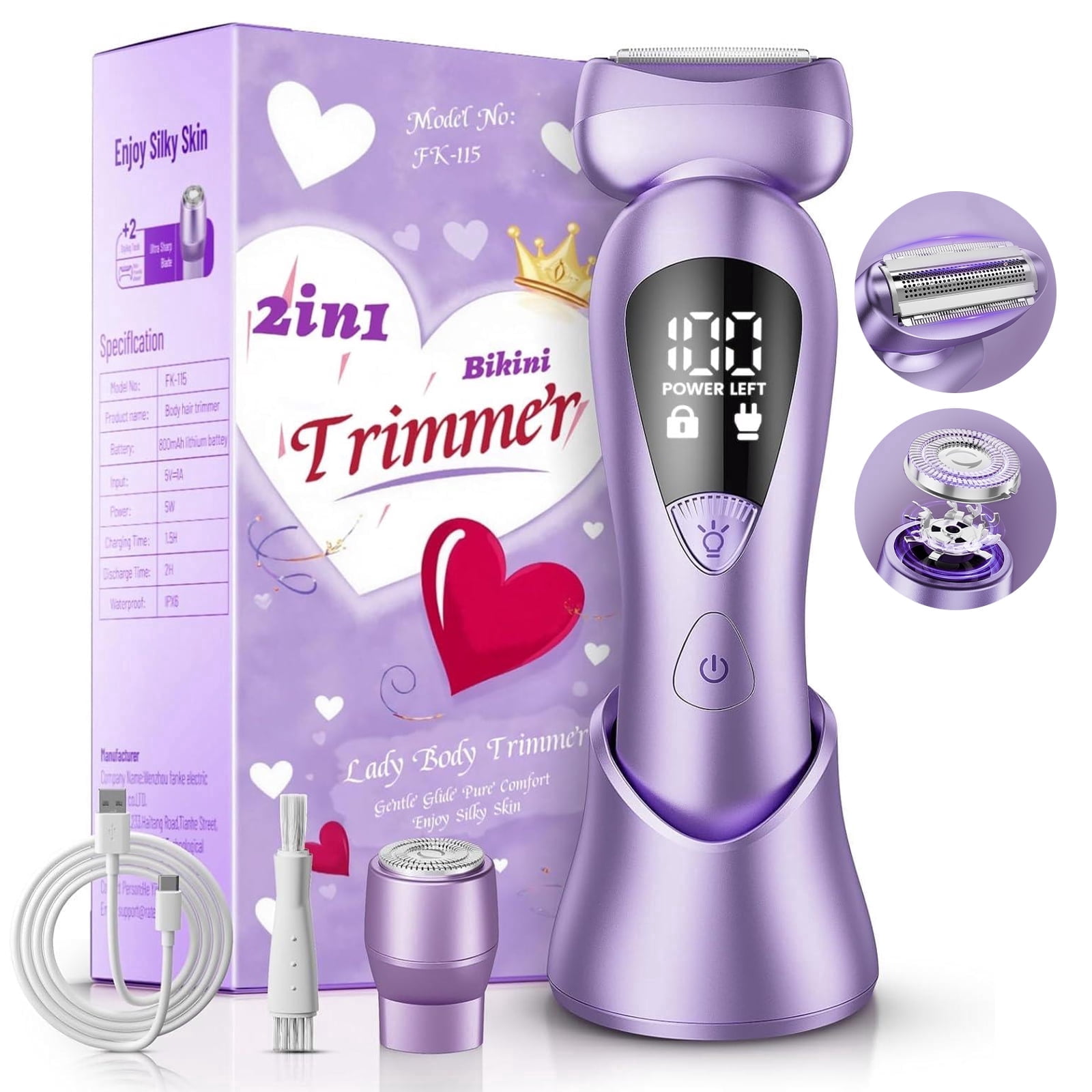 Skdwakiz Electric Razors for Women Cordless, 2-in-1 Womens Electric Shaver, IPX7 Waterproof Wet Dry Body Pubic Hair Trimmer, Rechargeable Bikini Trimmer, Lady Shaver for Face, Underarm & Legs