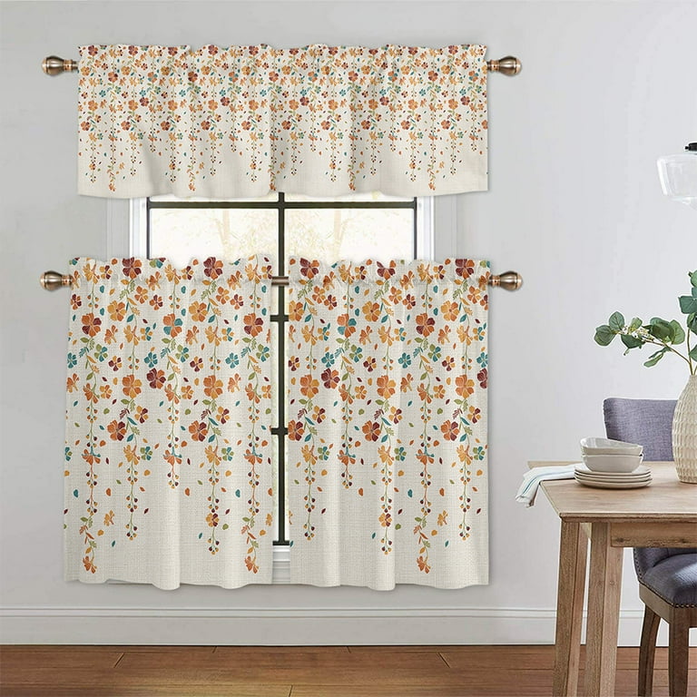 Skearow Floral Short Window Curtain Kitchen Curtain Scarf Door Cafe Tier Half Window Drapes Orange 27.56 x 35.83 inches Walmart