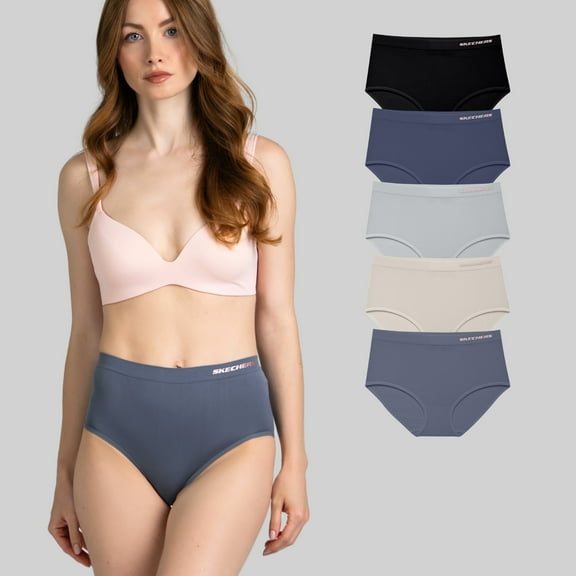 Skechers 5 Pack Brief Pique Wasteband, Ropa Sin Costuras Para Mujeres, Seamless Fit, Black/Blue/Mushroom/Beige/Grey, X-Large
