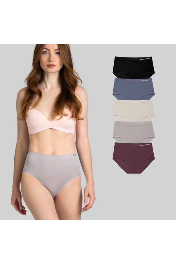 5 Pack Brief Pique Wasteband, Ropa Sin Costuras Para Mujeres, Seamless Fit, Black/Grey/Beige/Ash/Mauve, Large