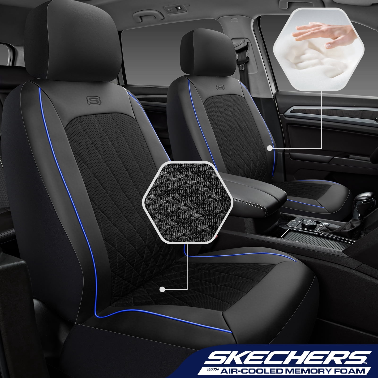 Skechers Car Seat Covers , Air-Cool Design Memory Foam Seat Covers, Piping Leather Mesh Car Seat Cover,Airbag Compatible,Automotive Comfort Universal FitMost Cars,Vans,Truck,SUV,Beige Front Set