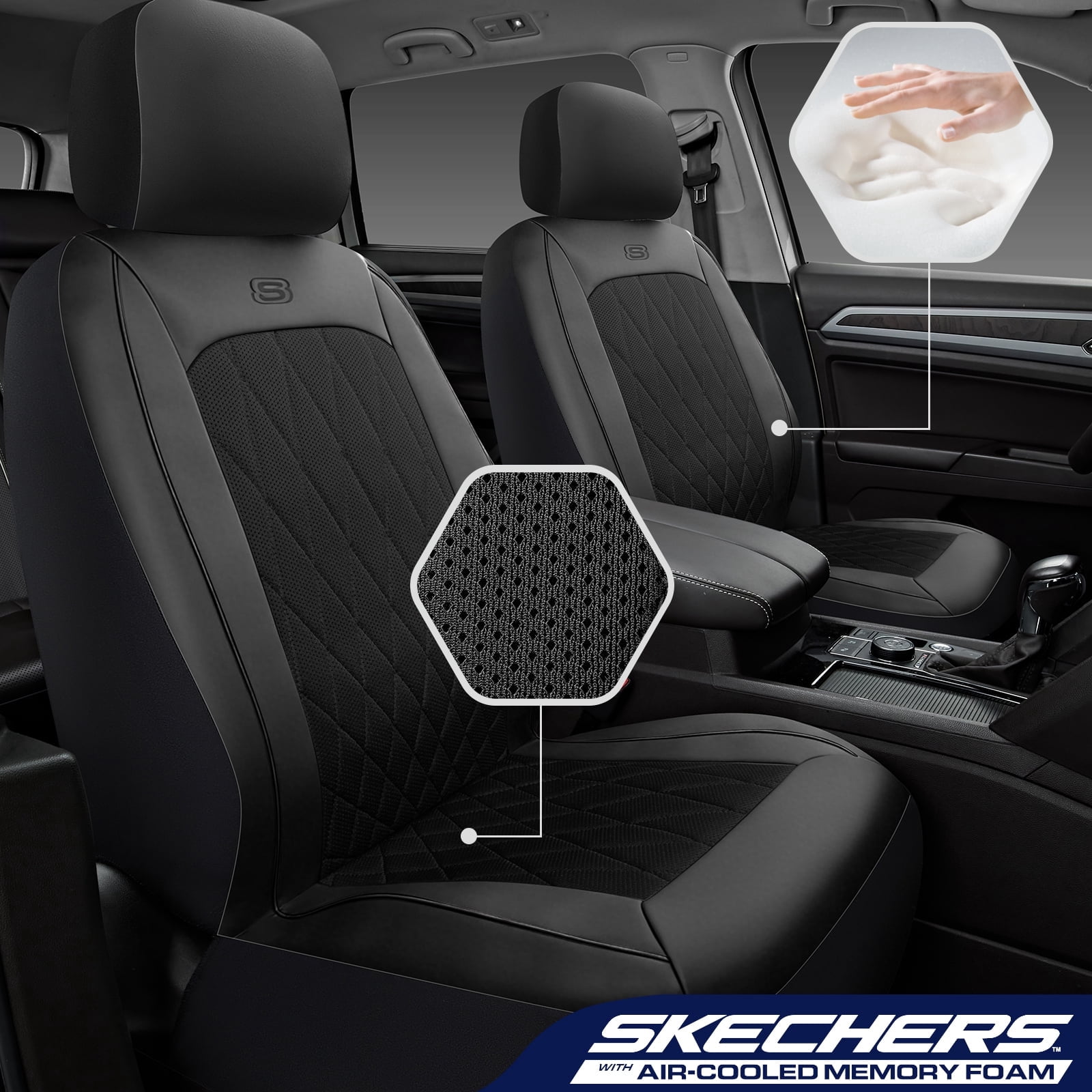 Skechers Car Seat Covers , Air-Cool Design Memory Foam Seat Covers, Piping Leather Mesh Car Seat Cover,Airbag Compatible,Automotive Comfort Universal FitMost Cars,Vans,Truck,SUV,Black Front Set