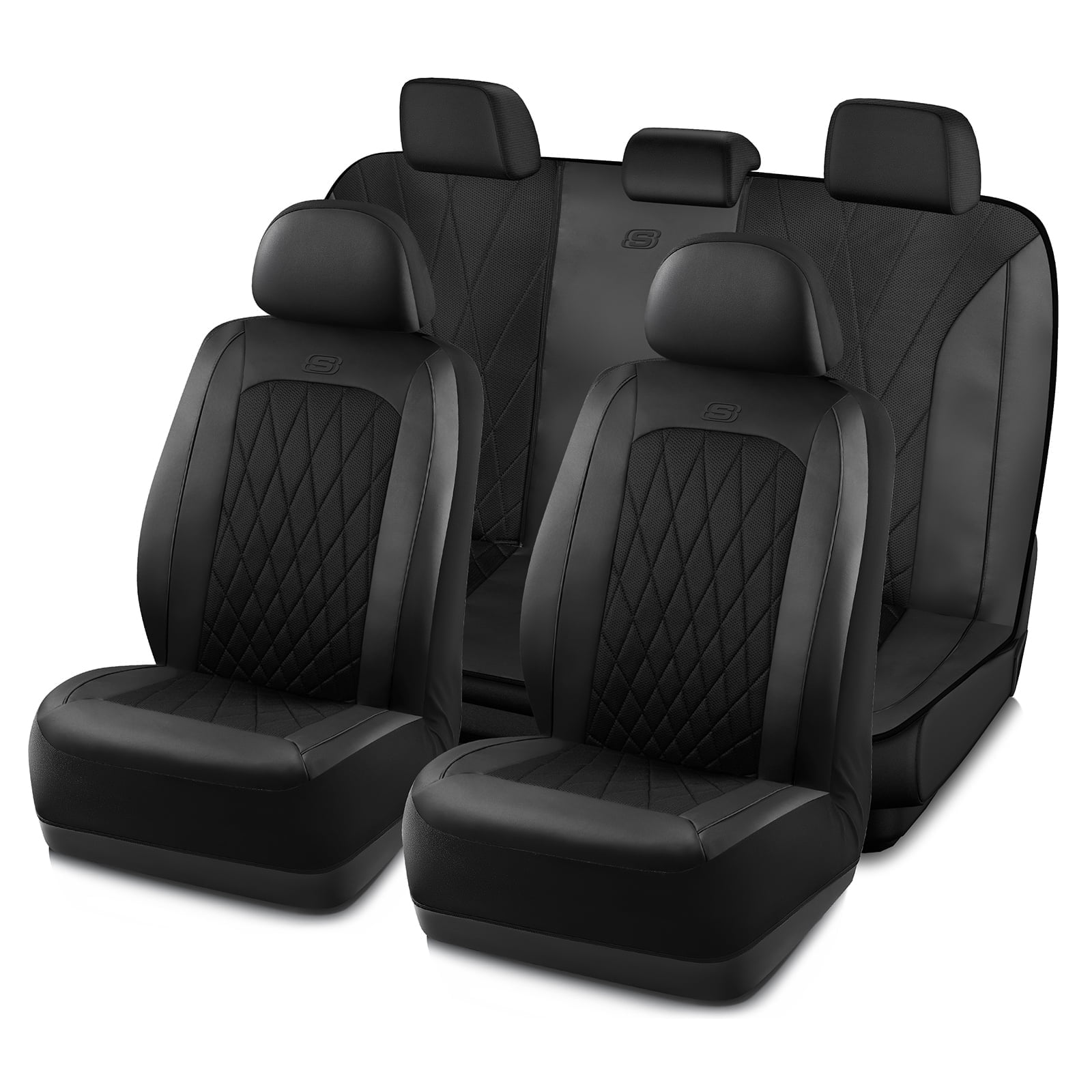 Skechers Car Seat Covers , Air-Cool Design Memory Foam Seat Covers, Piping Leather Mesh Car Seat Cover,Airbag Compatible,Automotive Comfort Universal FitMost Cars,Vans,Truck,SUV,Black Full Set
