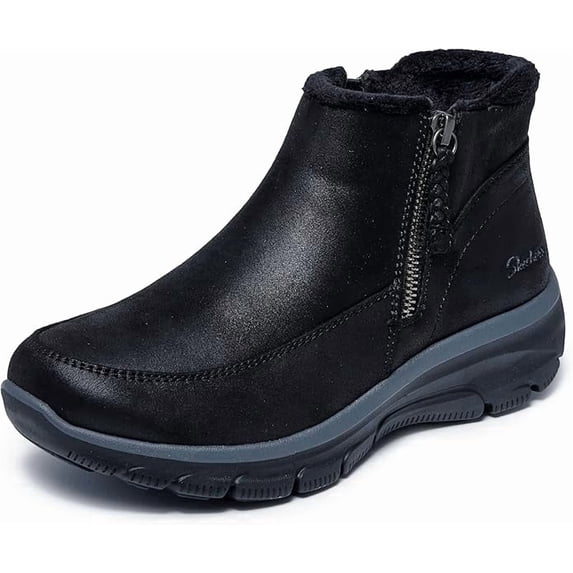 Skechers Boots for Women Easy Going - Into Fall Zip-Up Bootie, Vegan Leather, Side Zip, Memory Foam, Relaxed Fit, Chenille Lined, Traction Outsole