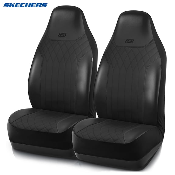 Skechers Car Seat Covers,Memory Foam Front Seat Covers,Two-Tone Leather Quilted Design,High Back Seat Protectors,Breathable Anti-Slip,Airbag Compatible Universal Fit for Cars, SUVs & Trucks, Black