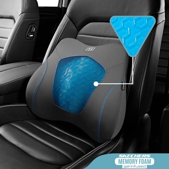Skechers Lumbar Support Pillow, Gel Infused Memory Foam Back Support Cushion for Car Seat, Cooling Breathable Lumbar Cushion, Non-Slip Driving Back Support for Car Truck Office Chair, Gray