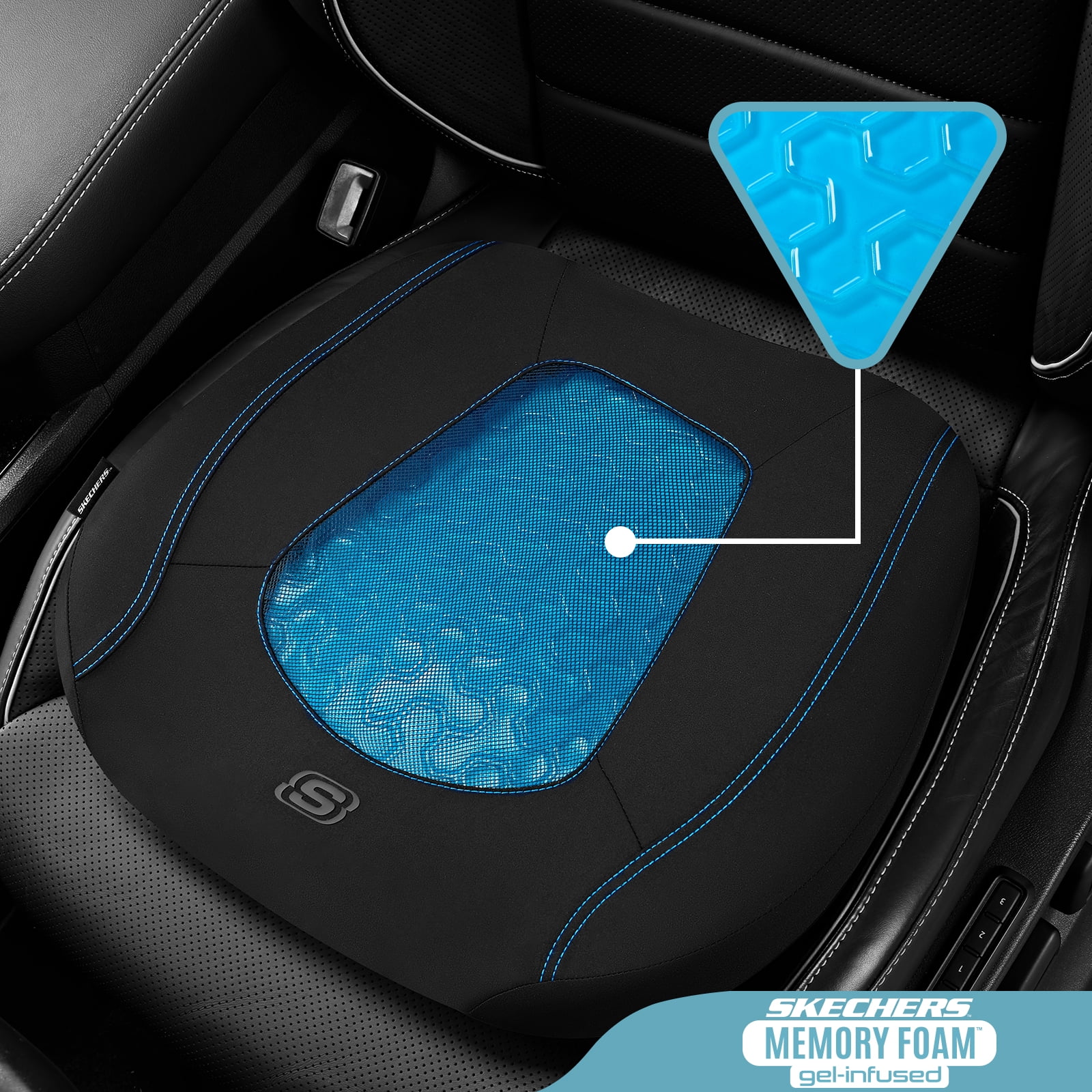 Skechers Car Seat Cushion, Gel Infused Memory Foam Seat Cushion, Cooling Breathable Car Cushion, Non-Slip Driving Seat Cushion, Ergonomic Support Cushion for Car Truck Office Chair, Black