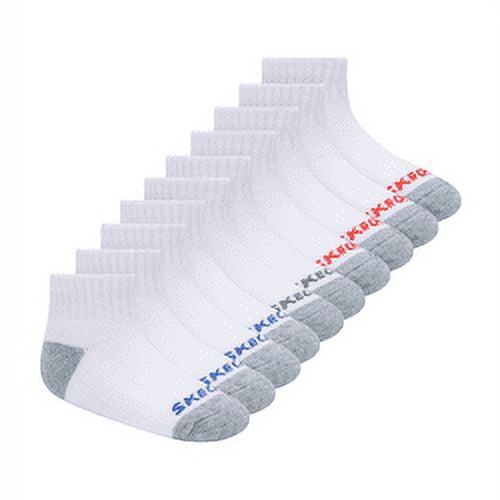 Skechers Kids Boys' 10 Pack 1/2 Terry Qtr Crew Socks, White/Blue, 5-6.5