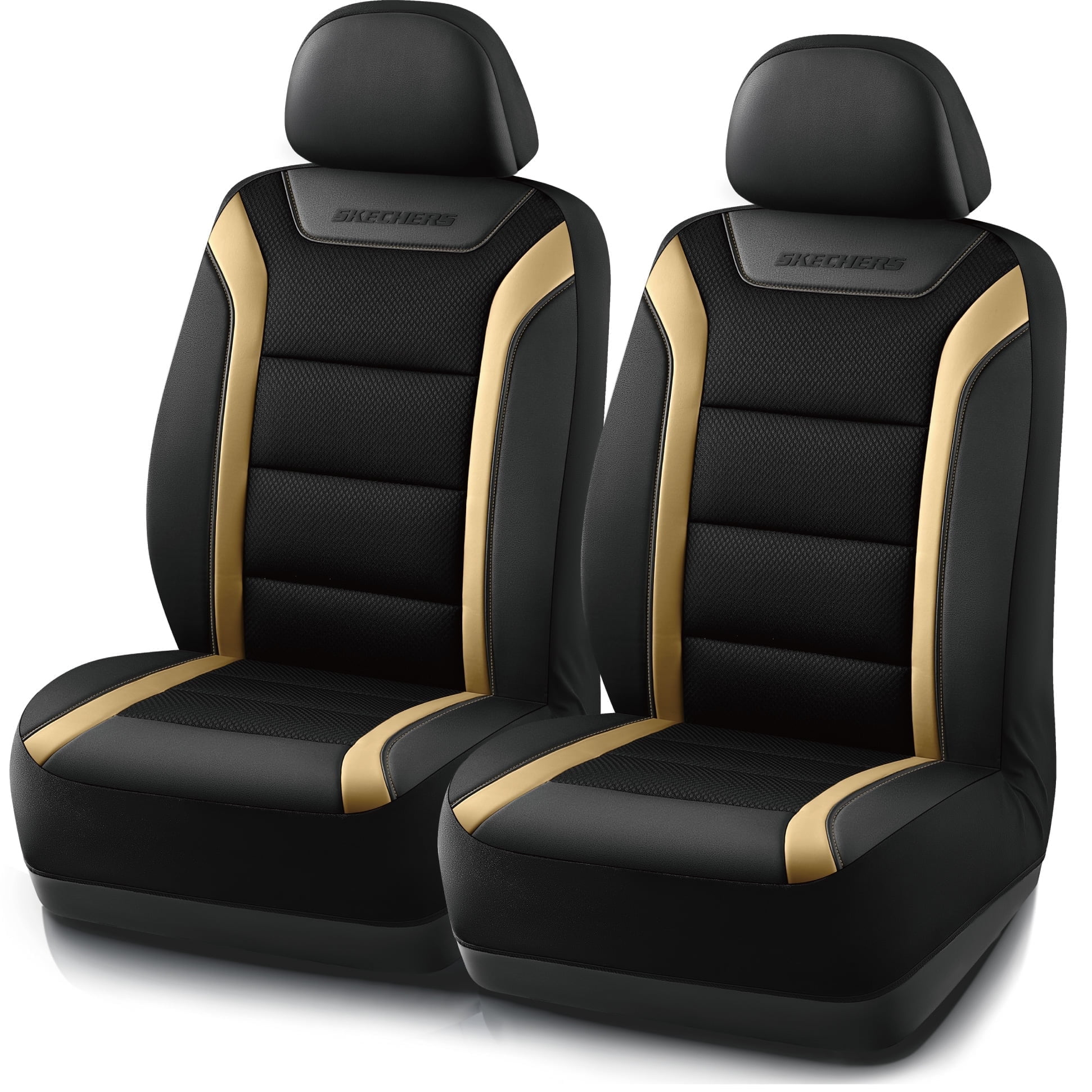 Skechers Leather Mesh Front Car Seat Cover – Premium Comfort with Breathable Mesh Panels, Durable Leather Construction, Universal Fit for Cars, Trucks, and SUVs - Beige
