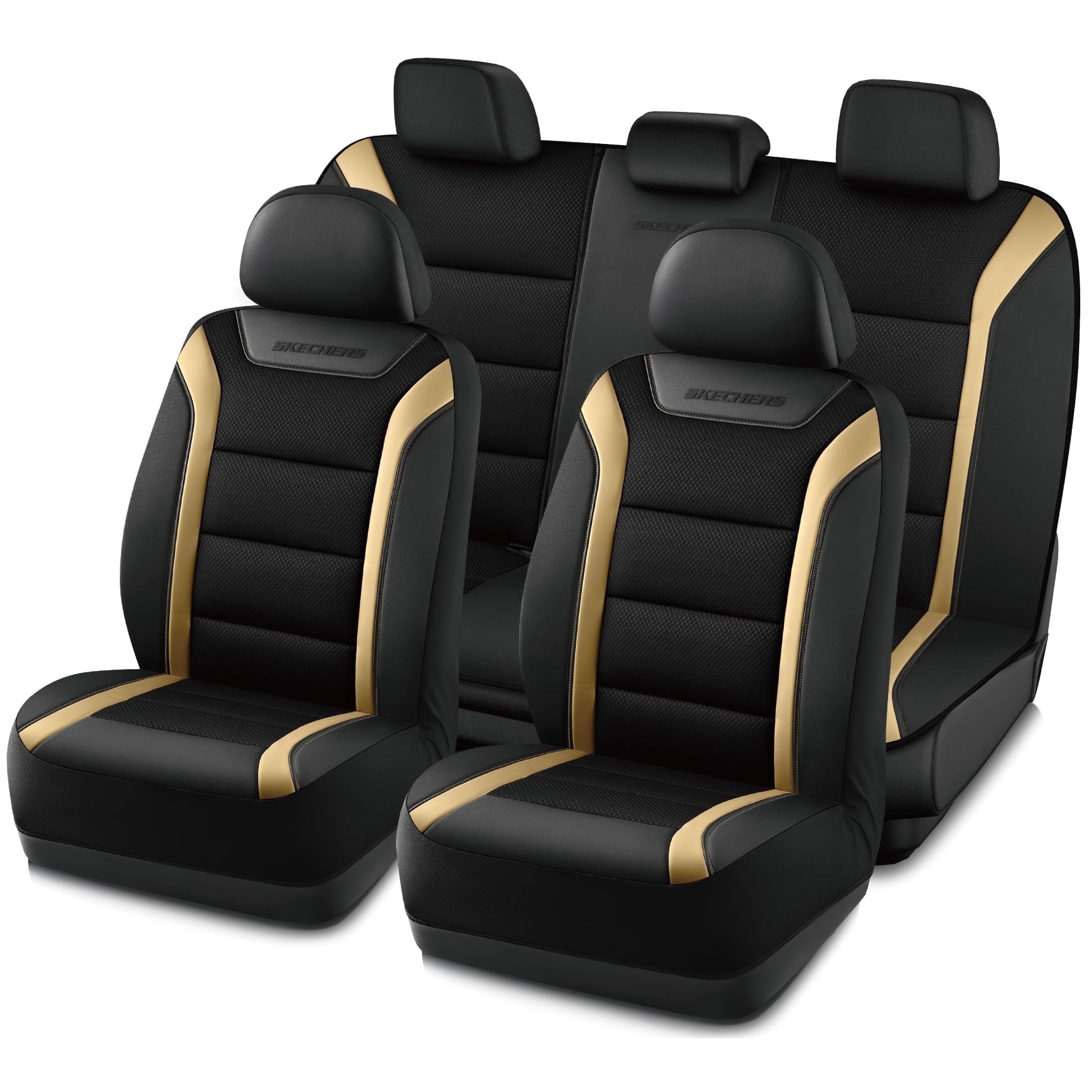 Skechers Leather Mesh Full Set Car Seat Cover – Premium Comfort with Breathable Mesh Panels, Durable Leather Construction, Universal Fit for Cars, Trucks, and SUVs - Beige