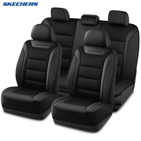 Skechers Leather Mesh Full Set Car Seat Cover – Premium Comfort with Breathable Mesh Panels, Durable Leather Construction, Universal Fit for Cars, Trucks, and SUVs - Black
