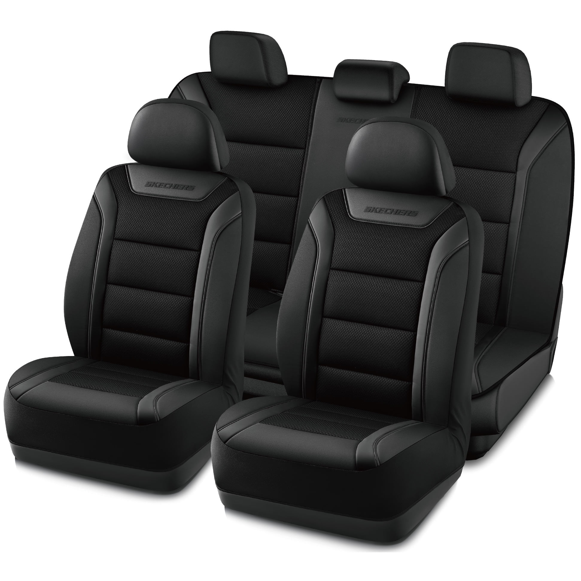 Skechers Leather Mesh Full Set Car Seat Cover – Premium Comfort with Breathable Mesh Panels, Durable Leather Construction, Universal Fit for Cars, Trucks, and SUVs - Black