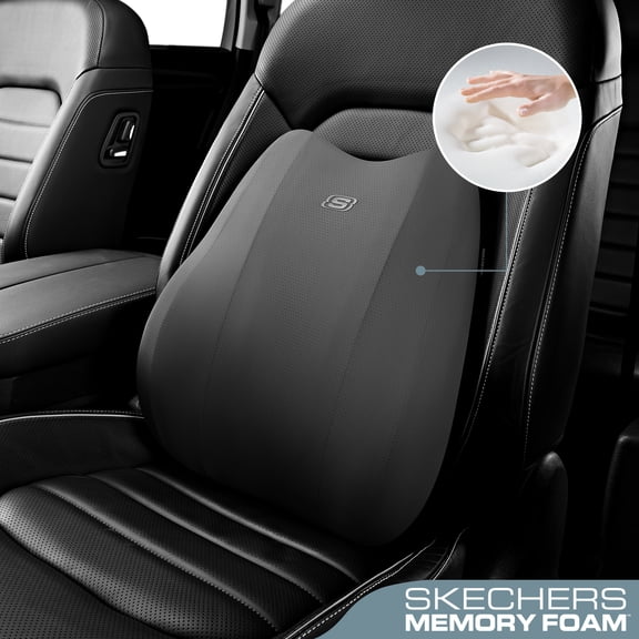 Skechers Lumbar Support Pillow, Memory Foam Back Support Cushion for Car Seat, Ergonomic Lumbar Cushion, Pressure Relief Back Support, Non-Slip Breathable Support for Car Office Home, Black