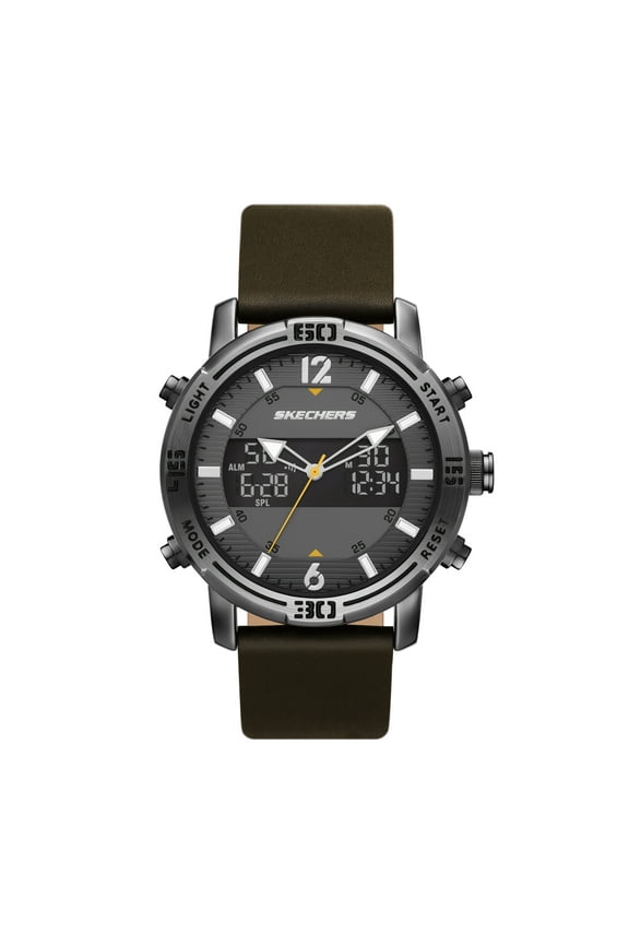 Redlands Men's 47MM Analog-Digital Watch with Genuine Leather Bracelet and Metal Case, Brown and Gunmetal