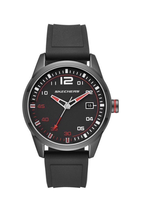 Slauson 45MM Quartz Analog Watch with Date with Silicone Strap and Metal Case, Black with Red Accent