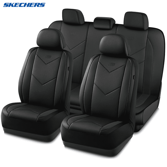 Skechers Sport Leather Car Seat Cover – Full Set Premium Comfort, Breathable Design, Universal Fit for Cars, SUVs, and Trucks - Black