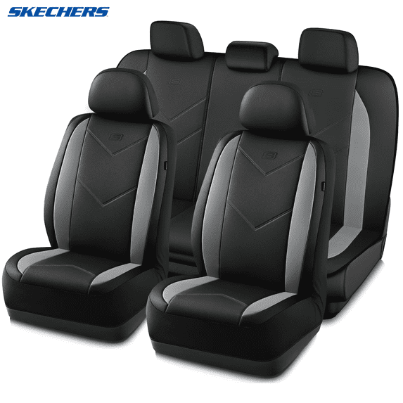 Skechers Sport Leather Car Seat Cover – Full Set Premium Comfort, Breathable Design, Universal Fit for Cars, SUVs, and Trucks - Gray