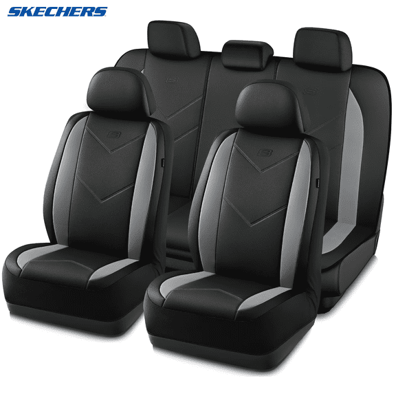 Skechers Sport Leather Car Seat Cover – Full Set Premium Comfort, Breathable Design, Universal Fit for Cars, SUVs, and Trucks - Gray