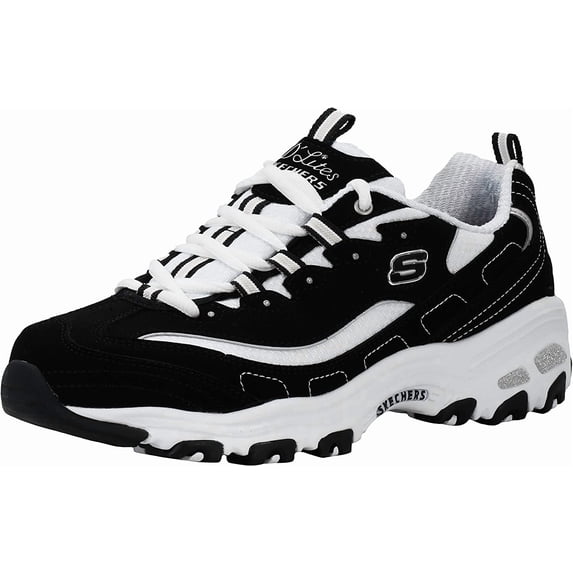 Skechers Sport Women's D'Lites Lace-Up Sneaker, Black/White, 7.5 M US