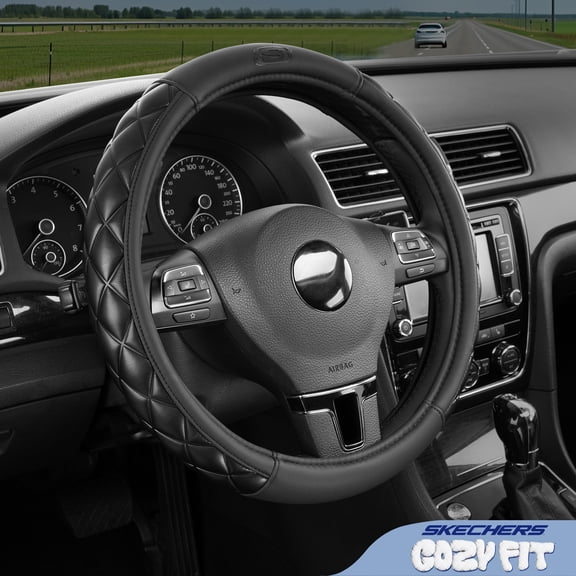 Skechers Steering Wheel Cover, Cozy Fit Leather Steering Wheel Cover with Embossed Quilted Finish, Ergonomic Comfort, Non-Slip Grip, Universal Fit for Cars, SUVs & Trucks, Fits 14.5"–15",Black