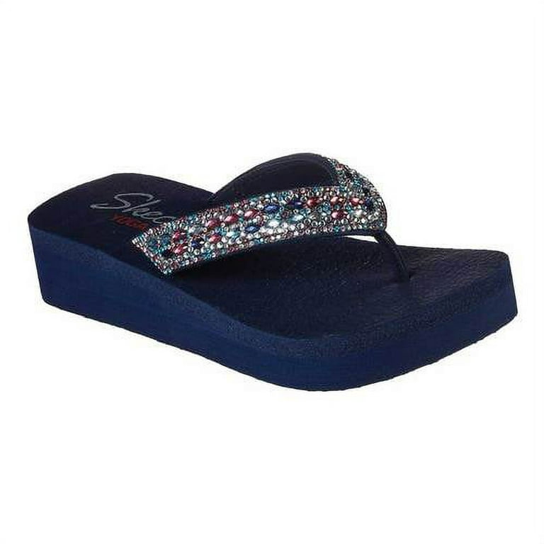 Skechers Women's 9 Cali Yoga Foam Flip Flop Wedge Sandals Blue Navy  Rhinestone