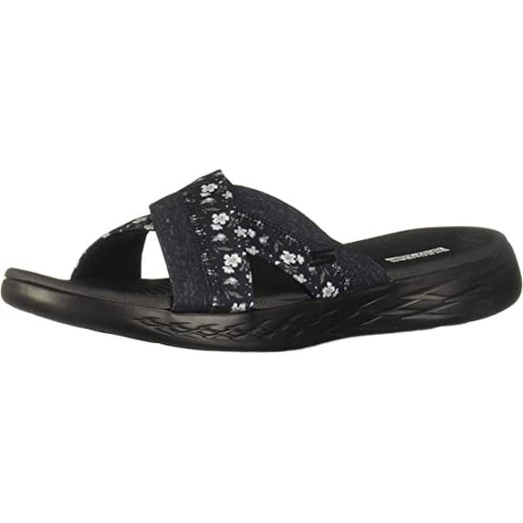 Skechers Slip-On Sandals for Women, on the Go 600, Cross-Strap Design, Floral Print, Cushioning, Goga Mat Footbed