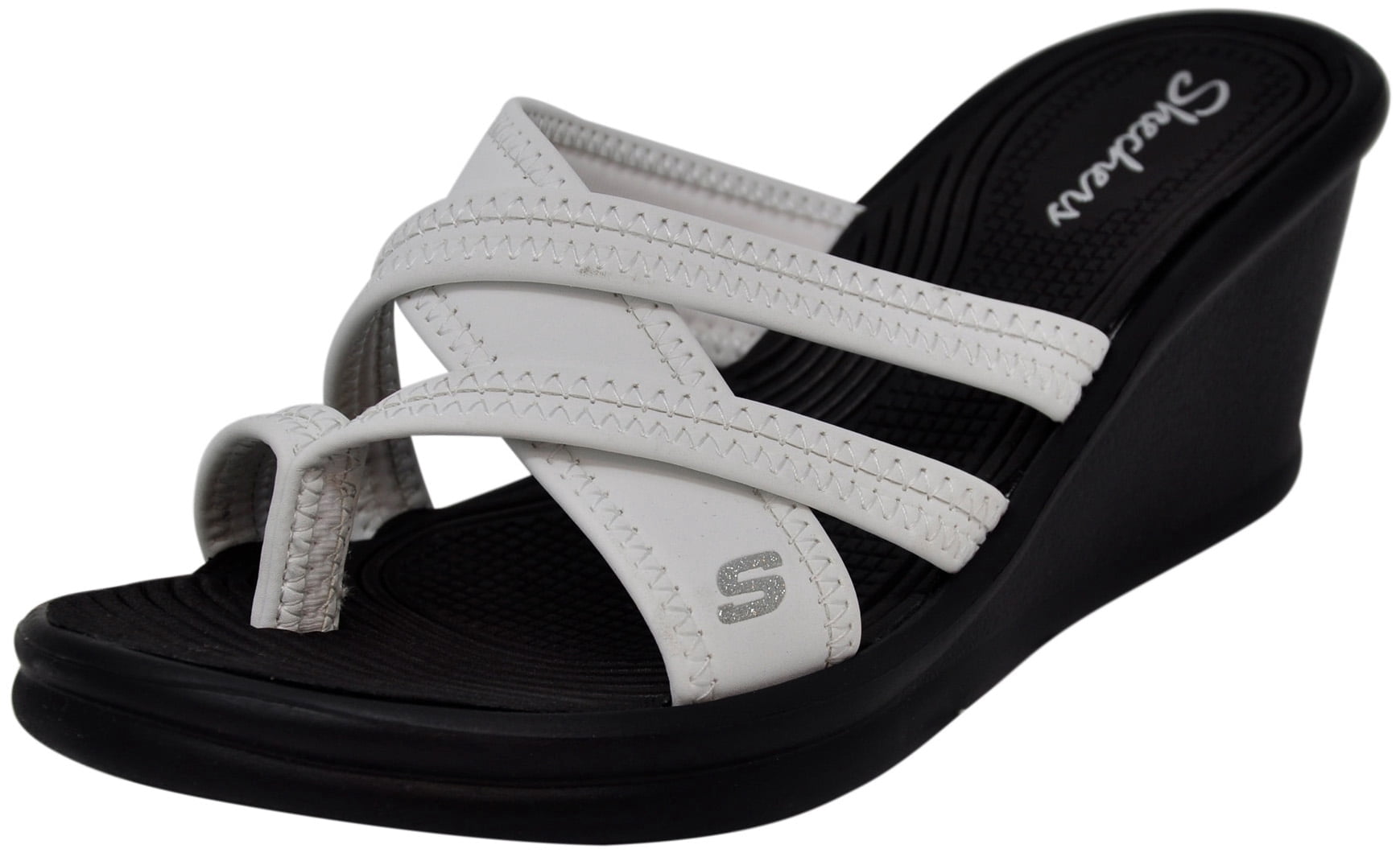 Skechers Cali Rumblers Strappy Wedge Sandals for Women Toe Loop Slip on Cross Strap Cushioned Footbed Lightweight Foam Midsole Flexible Outsole