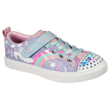 FabKids Light Up Unicorn Sneakers - Girls Sparkly Pink Glitter Shoes With Elastic Laces