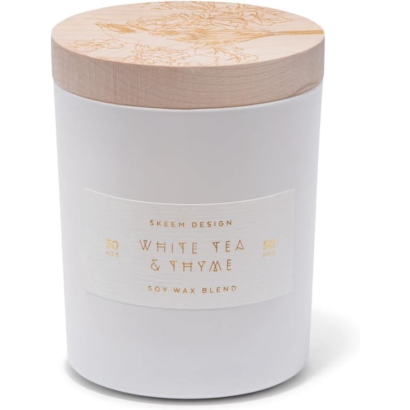 Skeem Print Block White Tea and Thyme Scented Candle - Tea Leaves, Thyme, Jasmine & Lemon Blend - Soy Wax, All Natural Oils - Aromatherapy Candle