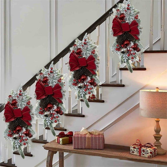 Skegnu Christmas Garland for Stair Railing Christmas Rattan Upside Down Tree Wall Hanging Door Hanging Restaurant Decoration Holiday Floral Garland