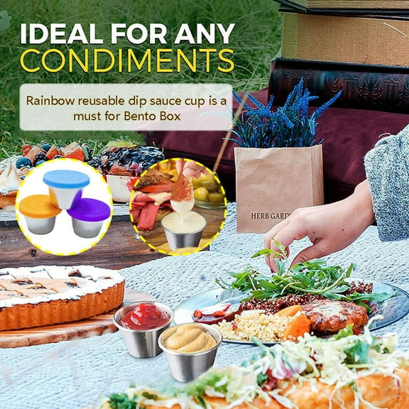 Skegnu Dressing Container, Suitable For Lunch Box, Stainless Steel Condiment Container With Cover, Easy To Open, Leak Proof, Reusable Small Dip Cup Kitchen Organizers And Storage Under $10