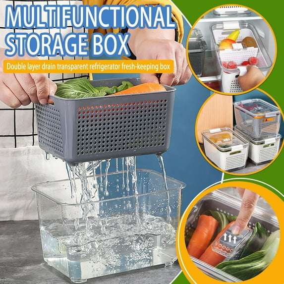 Skegnu Fruit Vegetable Storage Containers For Fridge Draining Fresh Containers 3 In 1 Produce Storage Containers Large Organizer Bins With Lid & Colander Food Storage Containers With Lids