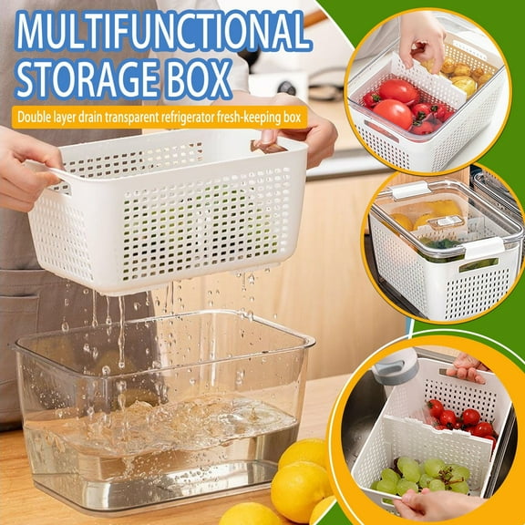 Skegnu Fruit Vegetable Storage Containers For Fridge Draining Fresh Containers 3 In 1 Produce Storage Containers Large Organizer Bins With Lid & Colander Refrigerator Organizers And Storage