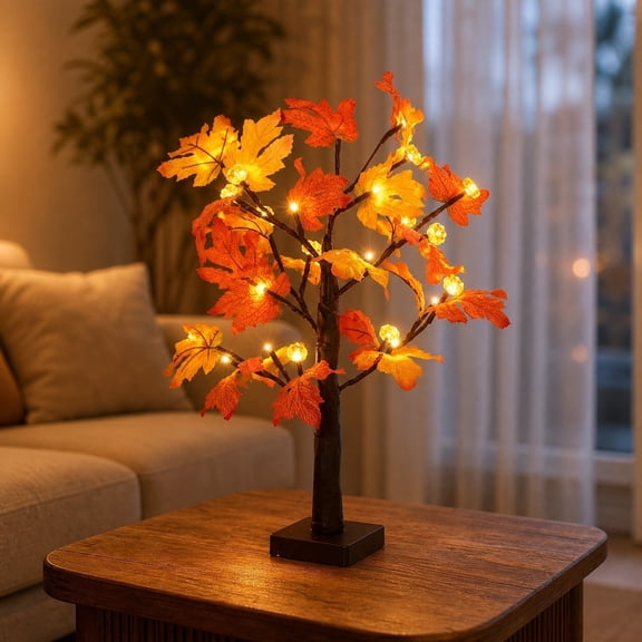 Skegnu Halloween Decorations Indoor, LED Maple Tree Light Thanksgiving Maple Pumpkin Scene Decoration Light Halloween Glowing Tree Batteries Required