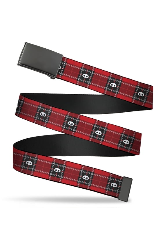 Adjustable Belt, Clamp Buckle, Cut-to-Fit, Skelanimals Face Logo Plaid Red Black White