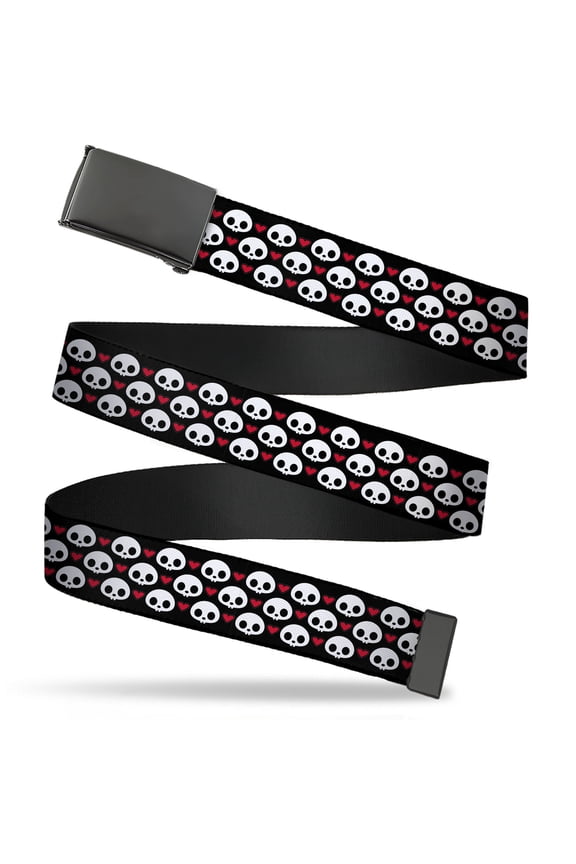 Adjustable Belt, Clamp Buckle, Cut-to-Fit, Skelanimals Face Logo and Heart Black White Red