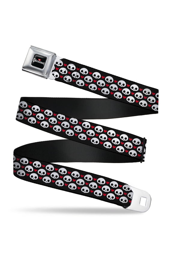 Skelanimals Belt, Seatbelt Buckle Belt, Skelanimals Face Logo and Heart Black White Red, 34 to 52 Inches