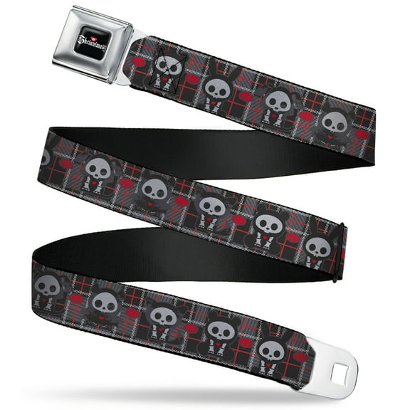 Skelanimals Belt, Seatbelt Buckle Belt, Skelanimals Five Animals and Face Logo Plaid Black Red White, 30 to 44 Inches