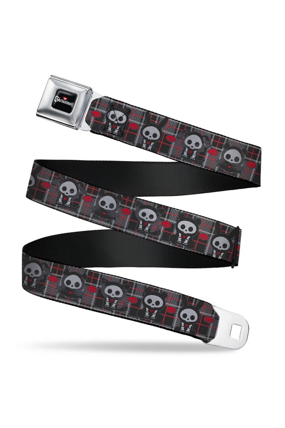 Skelanimals Belt, Seatbelt Buckle Belt, Skelanimals Five Animals and Face Logo Plaid Black Red White, Youth 22 to 32 Inches