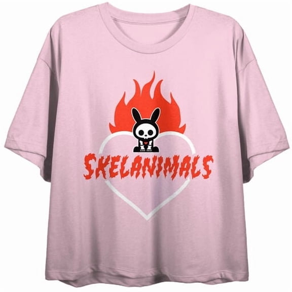 Skelanimals Jack Flaming Heart Women’s Cradle Pink Crew Neck Short Sleeve Crop Top-Medium