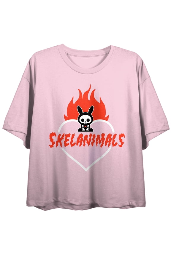 Skelanimals Jack Flaming Heart Women's Cradle Pink Crew Neck Short Sleeve Crop Top-Small