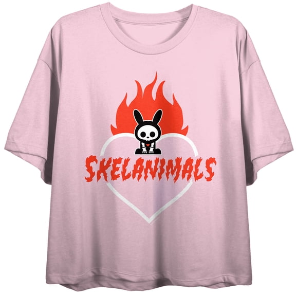 Skelanimals Jack Flaming Heart Women's Cradle Pink Crew Neck Short Sleeve Crop Top-XS