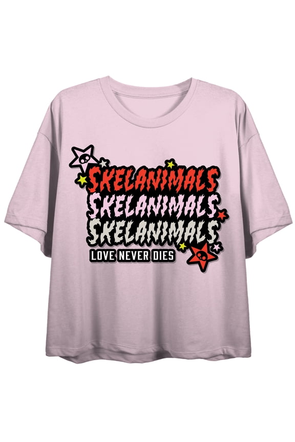 Skelanimals Love Never Dies Juniors Graphic Tee Oversized Boxy Crop Short Sleeve Stacked Repeat Print Officially Licensed-Small