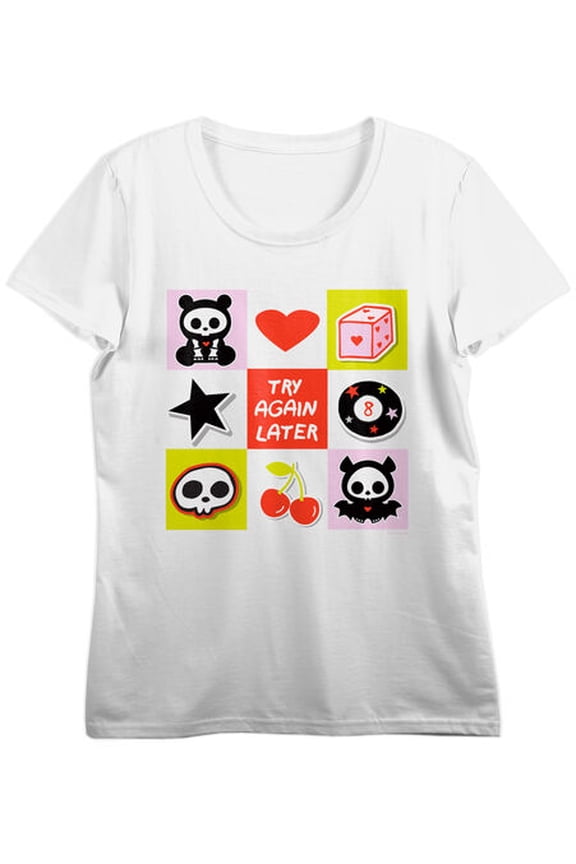 Skelanimals Try Again Later Grid Women’s White Crew Neck Short Sleeve T-shirt-Small