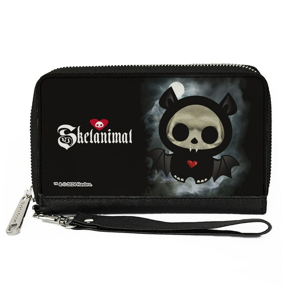Skelanimals Wallet, Zip Around, Skelanimals Diego the Bat Fog Pose and Title Logo Black White, Vegan Leather