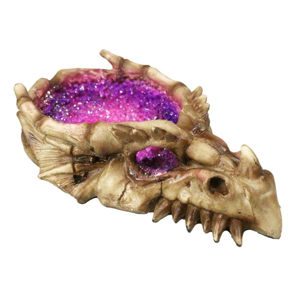 Skeletal Bone Dragon Skull With Purple Faux Quartz Crystals Geode Trinket Dish