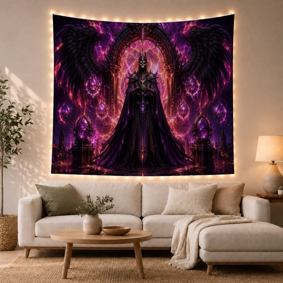 Skeletal Figure with Feathered Wings in a Gothic Archway, Dramatic Fantasy for Dark Art Enthusiasts, Mystical Wall Art Decor, Halloween Gift, Tapestry Wall Hanging for Bedroom and Living Room